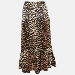 Ganni Brown Leopard Print Satin Ruffled Midi Skirt S