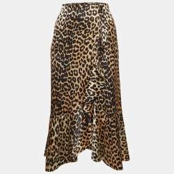 Ganni Brown Leopard Print Satin Ruffled Midi Skirt S