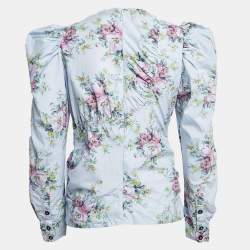 Pre Owned Ganni Blue Floral Print Puff Sleeve Top M