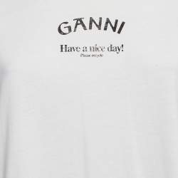 Pre Owned Ganni White Printed Cotton Knit Crew Neck T-Shirt XL