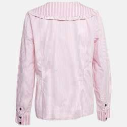 Pre Owned Ganni Pink/White Stripe Cotton Ruffled Collar Shirt M