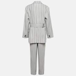 Pre Owned Ganni Grey Striped Crepe Button Front Pants Suit L