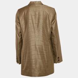 Ganni Brown Plaid Silk Blend Double Breasted Blazer L