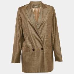 Ganni Brown Plaid Silk Blend Double Breasted Blazer L