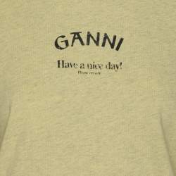 Pre Owned Ganni Leek Yellow Logo Print T-Shirt L