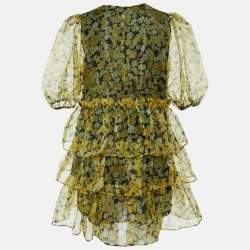 Pre Owned Ganni Yellow Floral Print Organza Tiered Mini Dress L