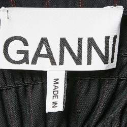 Ganni Navy Blue Stripe Cotton Blend Bead-Fringe Trimmed Crop Top S