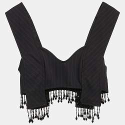 Ganni Navy Blue Stripe Cotton Blend Bead-Fringe Trimmed Crop Top S