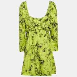 Pre Owned Ganni Green Floral Print Cotton Gathered Mini Dress L