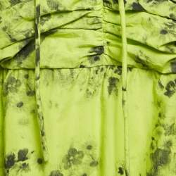Pre Owned Ganni Green Floral Print Cotton Gathered Mini Dress L