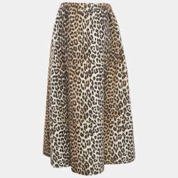Pre Owned Ganni Brown Leopard Cotton Gathered Midi Skirt M