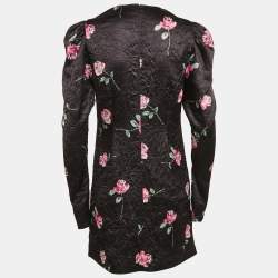 Pre Owned Ganni Black Crinkle Effect Rose Print Crepe V-Neck Mini Dress S