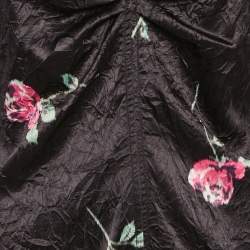 Pre Owned Ganni Black Crinkle Effect Rose Print Crepe V-Neck Mini Dress S