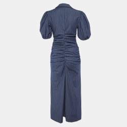 Pre Owned Ganni Navy Blue Pinstripe Ruched Maxi Dress L