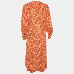Ganni Orange Floral Print Chiffon Midi Wrap Dress L