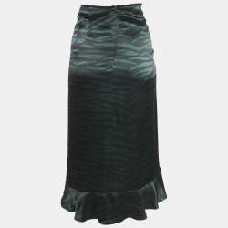 Pre Owned Ganni Black/Green Animal Print Satin Ruffled Midi Skirt XS