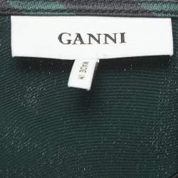 Pre Owned Ganni Black/Green Animal Print Satin Ruffled Midi Skirt XS