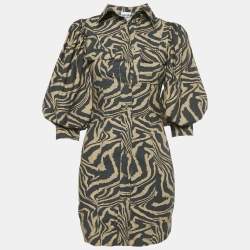 Ganni Brown Zebra Print Cotton Puff-Sleeve  Mini Shirt Dress XS