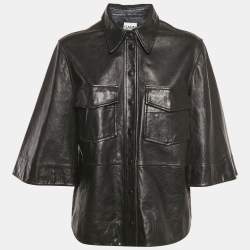 Pre Owned Ganni Black Leather Button Front Wide Sleeve Shirt Jacket L