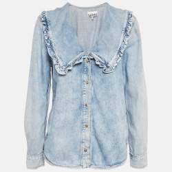 Pre Owned Ganni Blue Denim Ruffled Platter Collar Shirt M