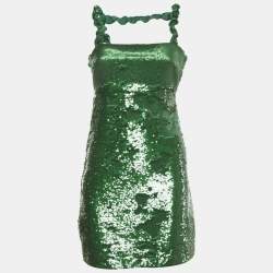 Pre Owned Ganni Green Sequin Twisted Sleeve Mini Dress XXS