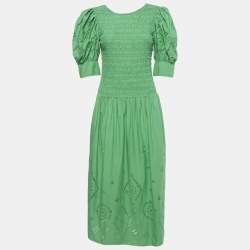 Pre Owned Ganni Green Broderie Anglaise Cotton Midi Dress S 