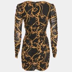 Pre Owned Ganni Black Printed Jersey Ruched Bodycon Mini Dress XS  