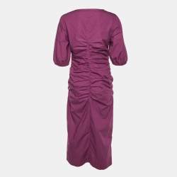 Pre Owned Ganni Purple Wine Cotton Ruched Midi Dress M
