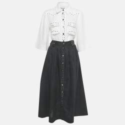 Pre Owned Ganni White /Black Linen Stud Detail Top & Skirt Set S/XS 