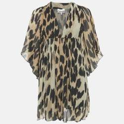 Pre Owned Ganni Brown Leopard Print Plissé Crepe de Chine Mini Dress XXS/XS