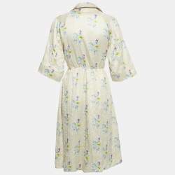 مملوكة مسبقًا Ganni Cream Floral Print Satin Crinkled Wrap Dress M