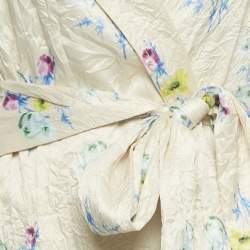 مملوكة مسبقًا Ganni Cream Floral Print Satin Crinkled Wrap Dress M