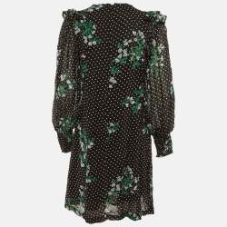 Pre Owned Ganni Black Polka Dot Floral Printed Chiffon Mini Dress S