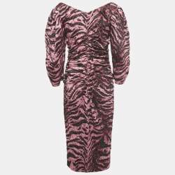 Pre Owned Ganni Pink /Black Zebra Print Crepe Ruched Midi Dress L