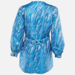 Pre Owned Ganni Blue /Silver Jacquard Wrap Mini Dress M 