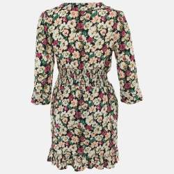 Pre Owned Ganni Black Floral Print Crepe Flounce Hem Dress L