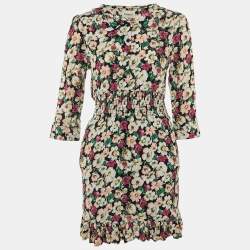 Pre Owned Ganni Black Floral Print Crepe Flounce Hem Dress L