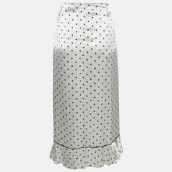 مملوكة مسبقًا فستان ميدي من غاني ساتان بطبعة نقاط بيضاء وكشكشة مقاس متوسط