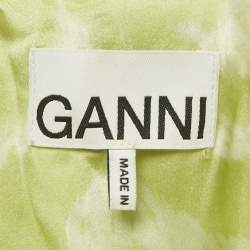 Pre Owned Ganni Green Zebra print Silk Puff Sleeve Dress XS