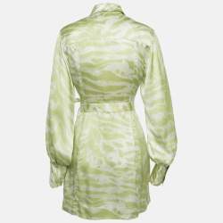 Pre Owned Ganni Green Zebra print Silk Puff Sleeve Dress XS