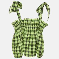 مملوكة مسبقًا Ganni Neon Green/Black Checks Cotton Blend Shirring Top S