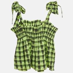 مملوكة مسبقًا Ganni Neon Green/Black Checks Cotton Blend Shirring Top S