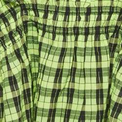 مملوكة مسبقًا Ganni Neon Green/Black Checks Cotton Blend Shirring Top S
