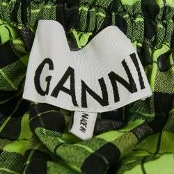 مملوكة مسبقًا Ganni Neon Green/Black Checks Cotton Blend Shirring Top S