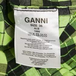 مملوكة مسبقًا Ganni Neon Green/Black Checks Cotton Blend Shirring Top S