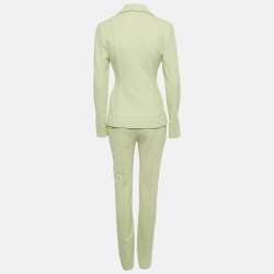 Pre Owned طقم بليزر وسروال جانى من التويل بلون أخضر فاتح مع ياقة مشرشرة مقاس صغير - سمول