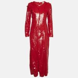 مملوكة مسبقًا Ganni Red Sequins Cutline Maxi Dress S