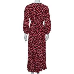 Pre Owned Ganni Black Floral Printed Crepe Balloon Sleeve Detail Wrap Dress M
