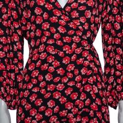 Pre Owned Ganni Black Floral Printed Crepe Balloon Sleeve Detail Wrap Dress M