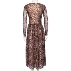 Pre Owned Ganni Brown Animal Leopard Print Mesh Maxi Dress M